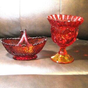 Two (2) Fenton Glass Ruby Red a) Twig Basket & b) Pedestal Ruffled Compote